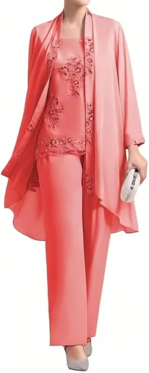 3 Piece Mother of Bride Pant Suits Elegant Chiffon Sets Plus Size Lace Formal Wedding Guest Outfit with Jacket