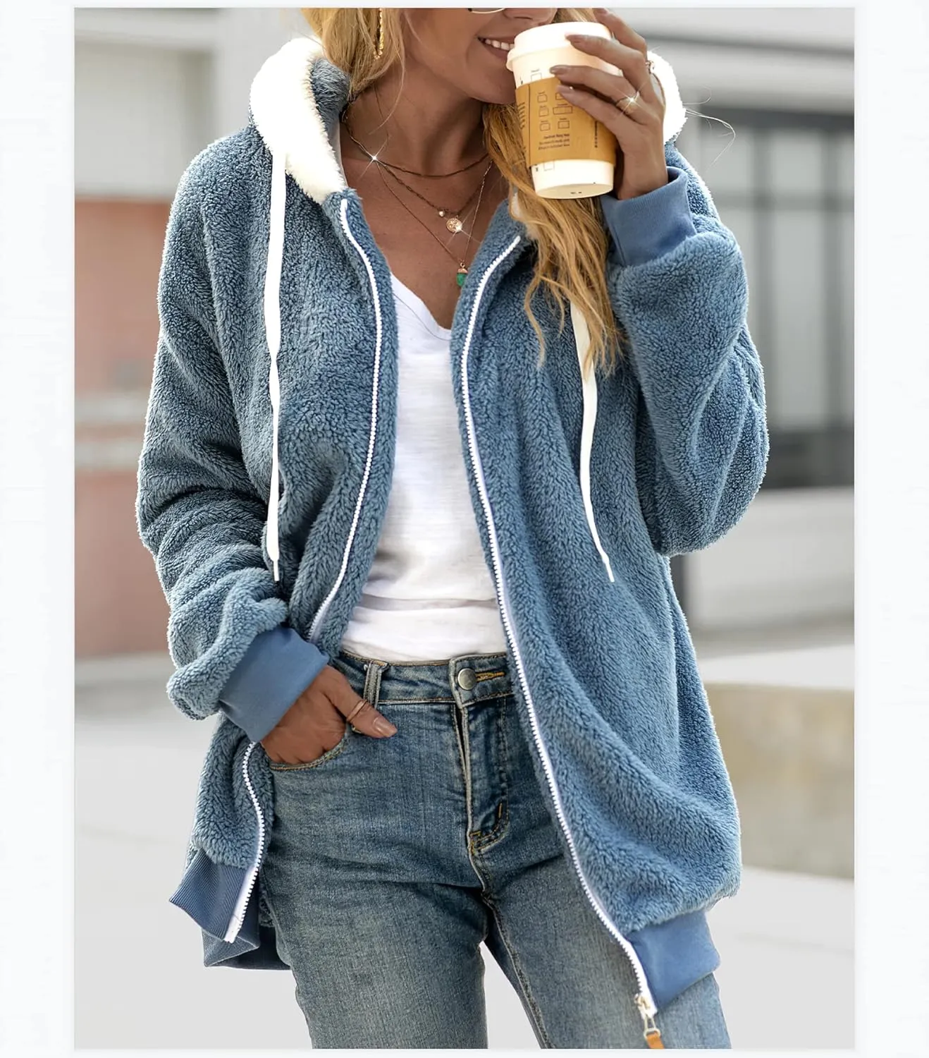 Akivide Women's Fleece Jackets Fashion Hooded Sweatshirt Oversized Fall Winter Zipper Coats Warm Outwear for Women