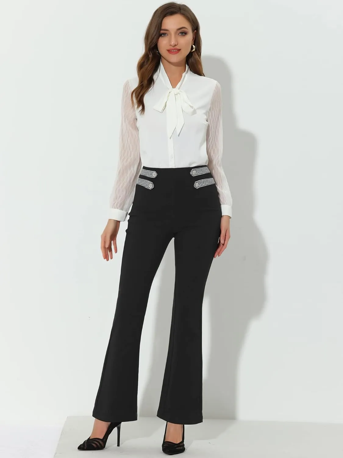 Allegra K Women's 2023 Wear to Work Long Trousers Casual Business Elastic High Waist Bell Bottom Flare Pants
