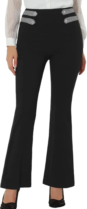 Allegra K Women's 2023 Wear to Work Long Trousers Casual Business Elastic High Waist Bell Bottom Flare Pants