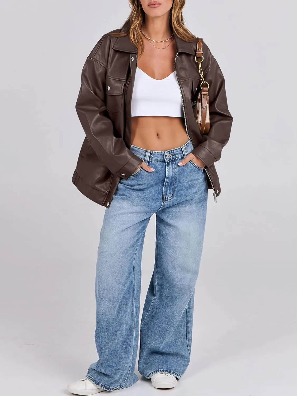 ANRABESS Women Oversized Faux Leather Jackets Fall Fashion Zip Up Motorcycle Coats Winter 2025 Spring Outfits Clothes