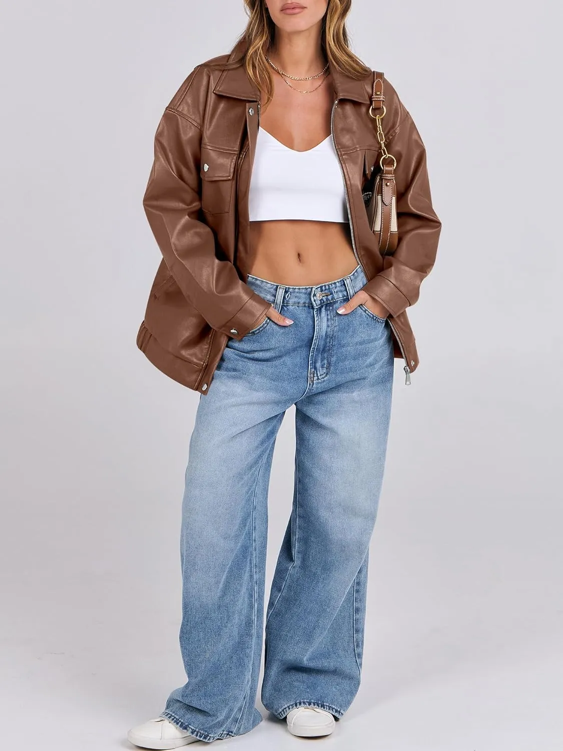 ANRABESS Women Oversized Faux Leather Jackets Fall Fashion Zip Up Motorcycle Coats Winter 2025 Spring Outfits Clothes