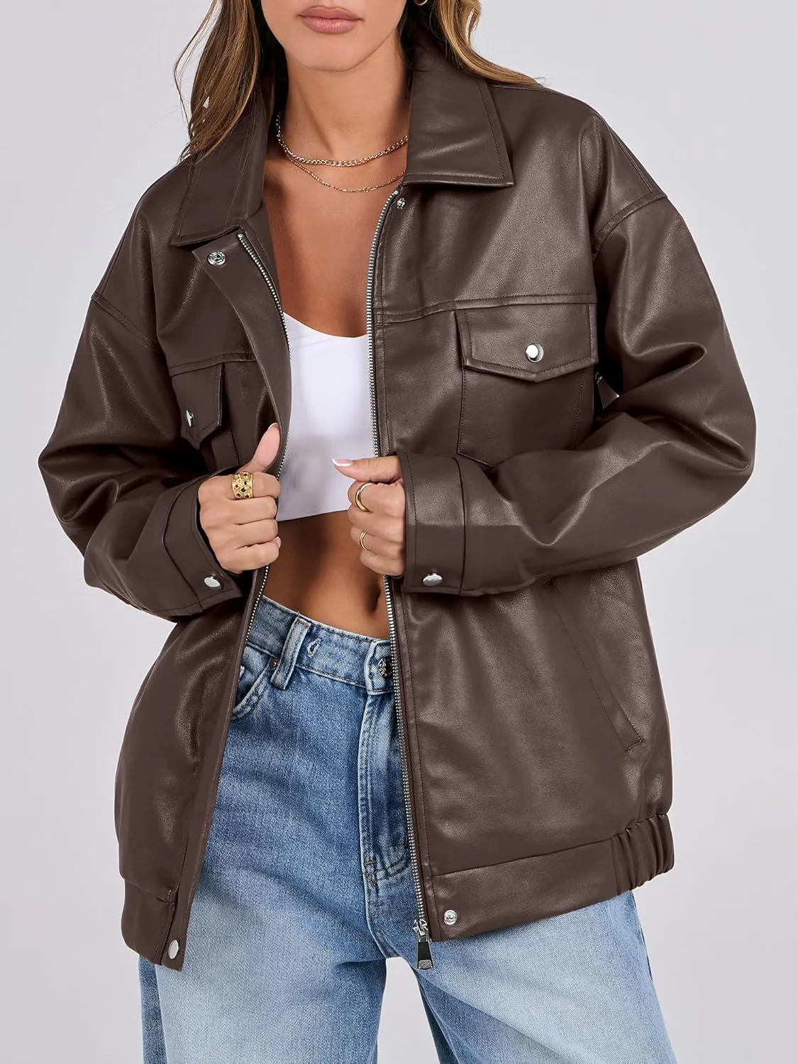 ANRABESS Women Oversized Faux Leather Jackets Fall Fashion Zip Up Motorcycle Coats Winter 2025 Spring Outfits Clothes