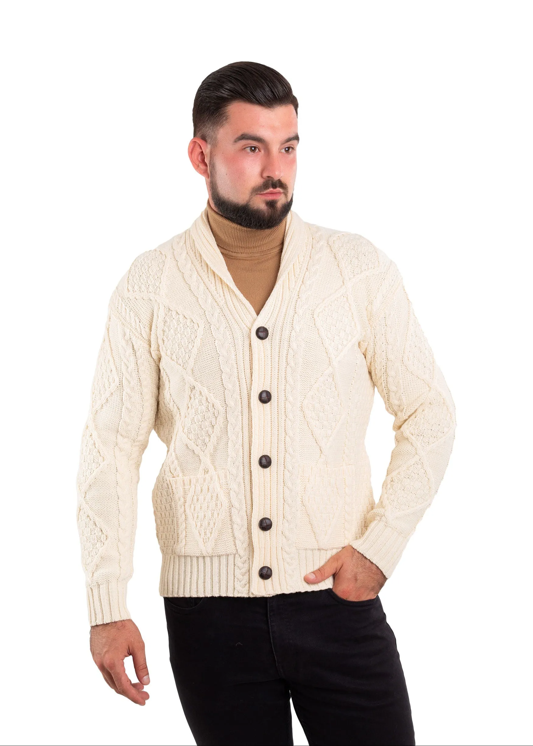 Aran Men's Shawl Button Cardigan | Natural