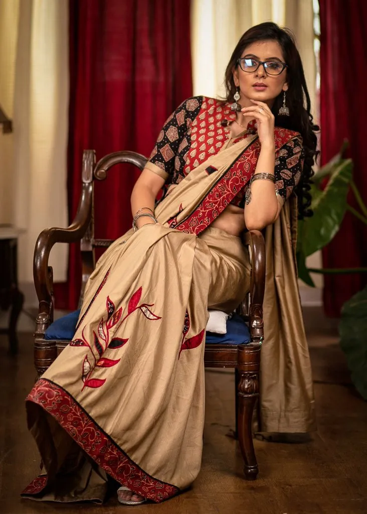 BEIGE SEMI SILK SAREE WITH HAND APPLIC WORK
