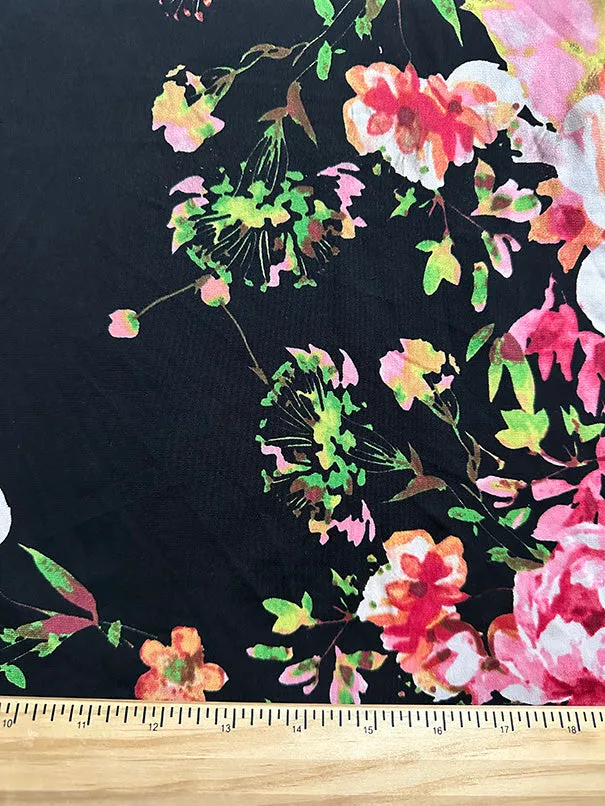 Black Floral Print ITY Jersey Knit Fabric