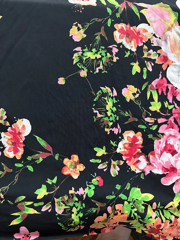 Black Floral Print ITY Jersey Knit Fabric