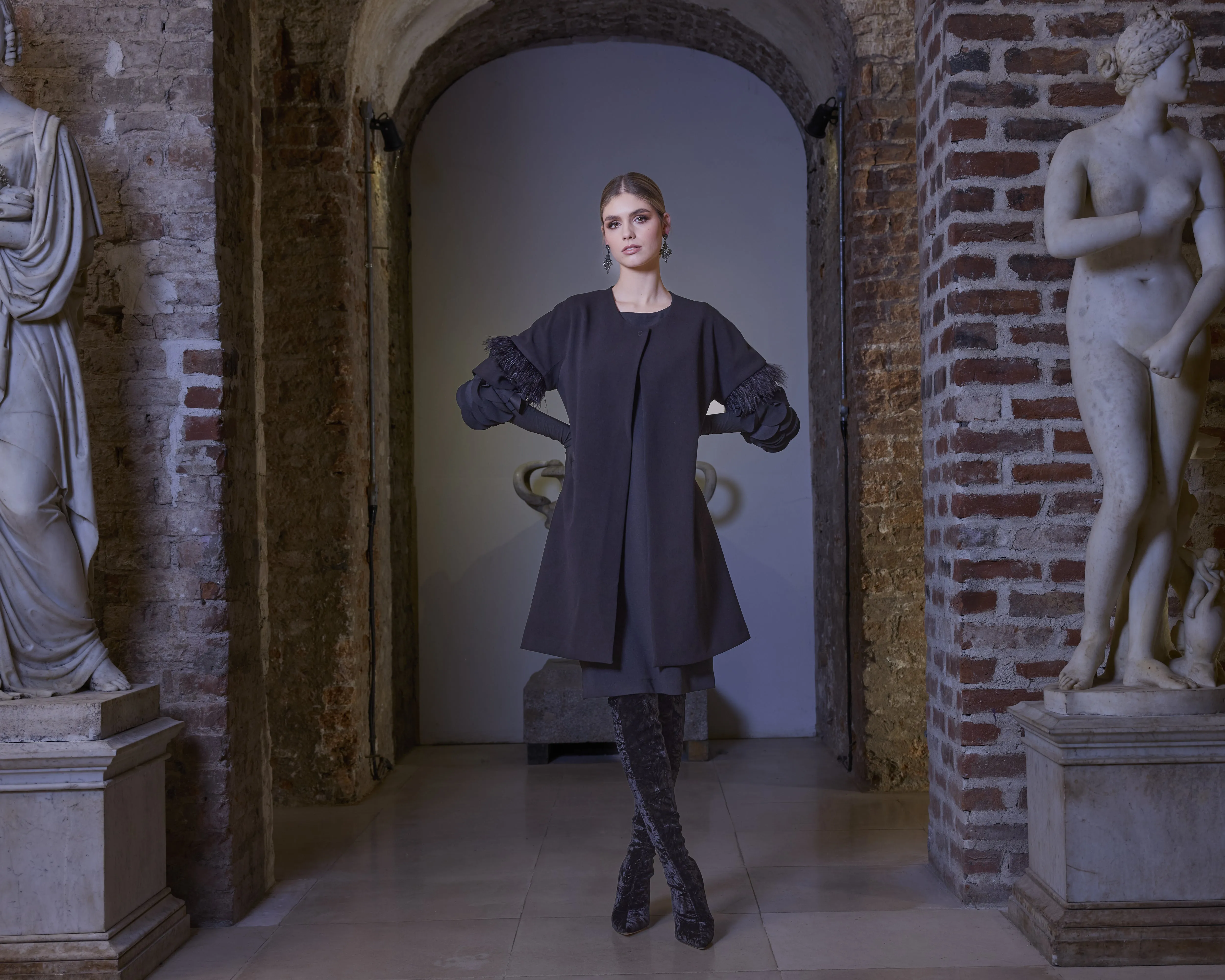 Black One Button Close Coat With Feather on Sleeves