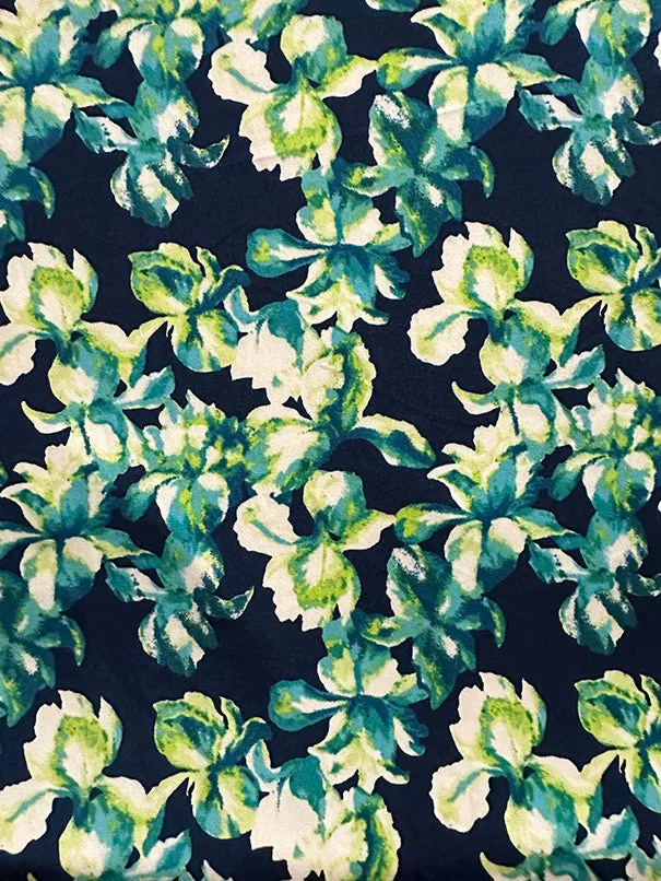 Blue and Green Iris Floral Print ITY Jersey Knit Fabric