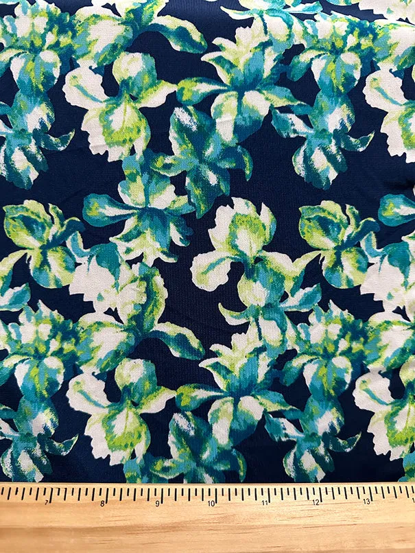 Blue and Green Iris Floral Print ITY Jersey Knit Fabric