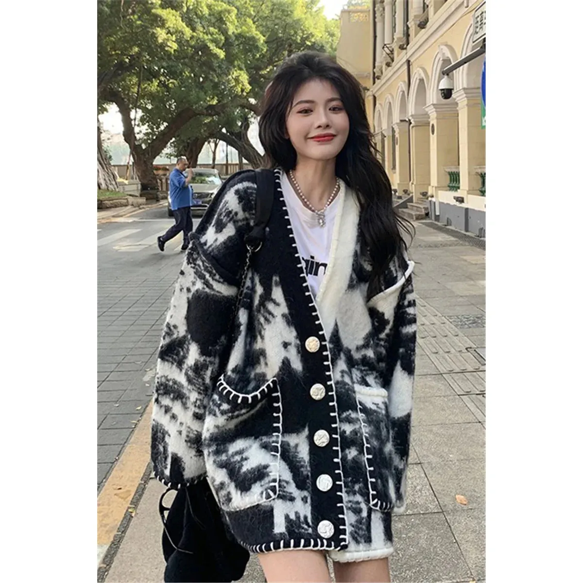 Button Front Cozy Warm V-neck Printed Cardigan Sweaters - Ailime Designs