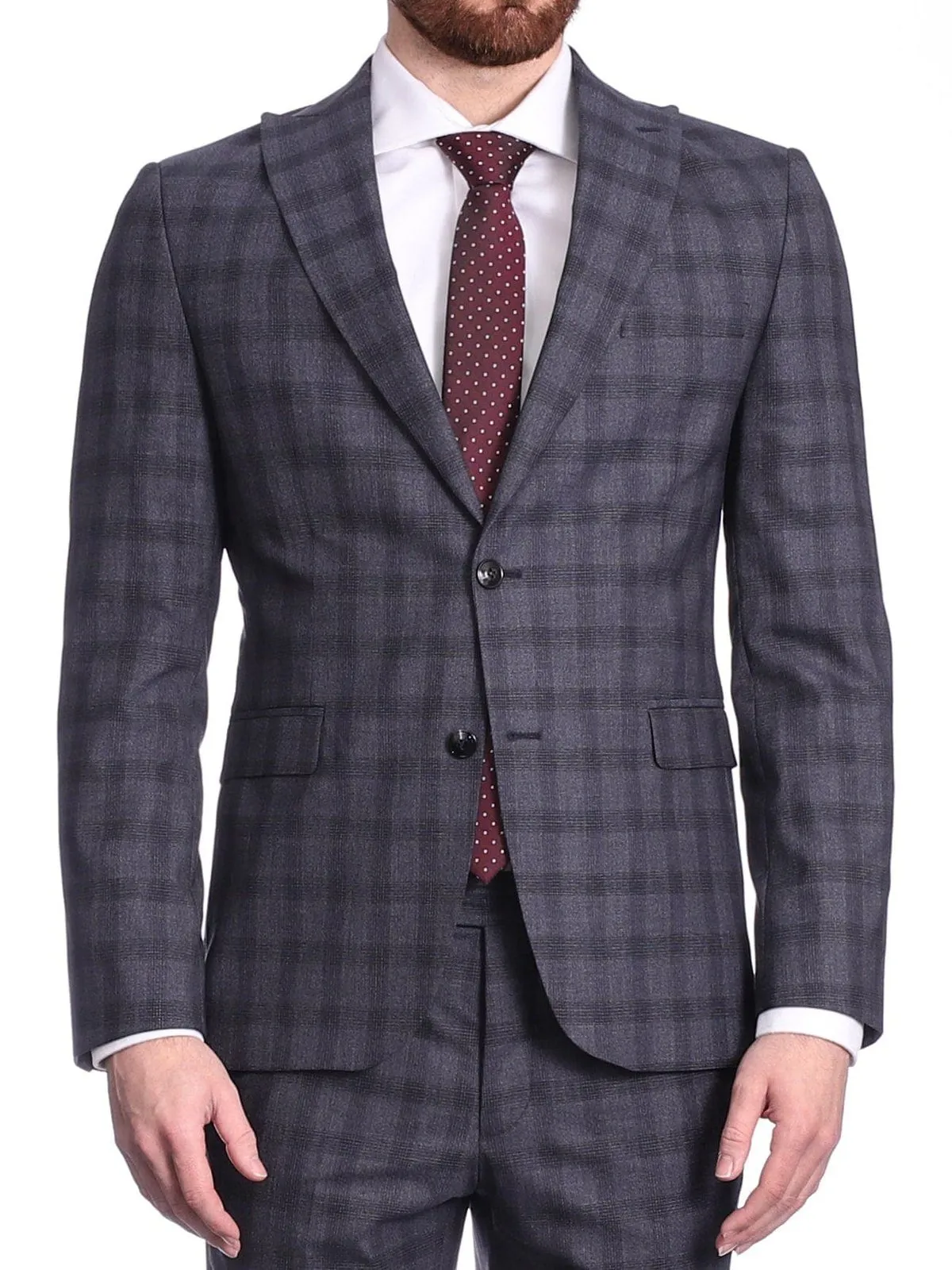 Carducci Mens Blue Windowpane Wool Blend Slim Fit Suit With Peak Lapels