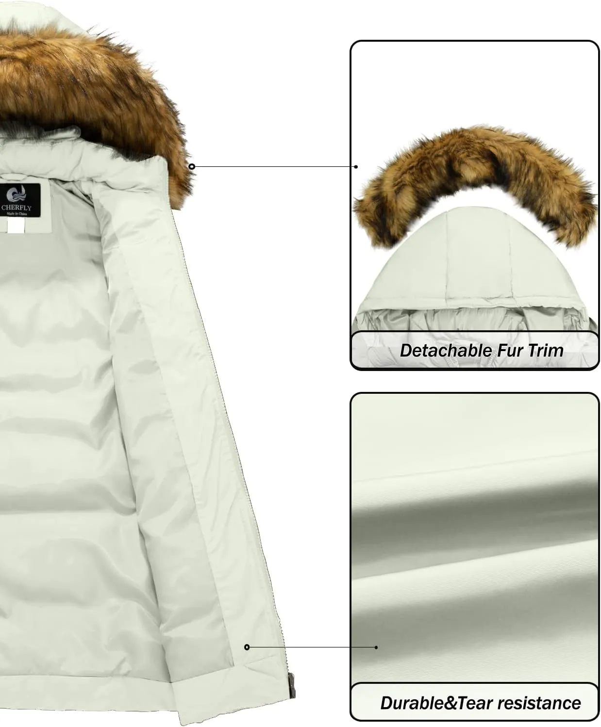 CHERFLY Women's Winter Puffer Coat Heavy Warm Long Parka Down Jacket with Fur Hood