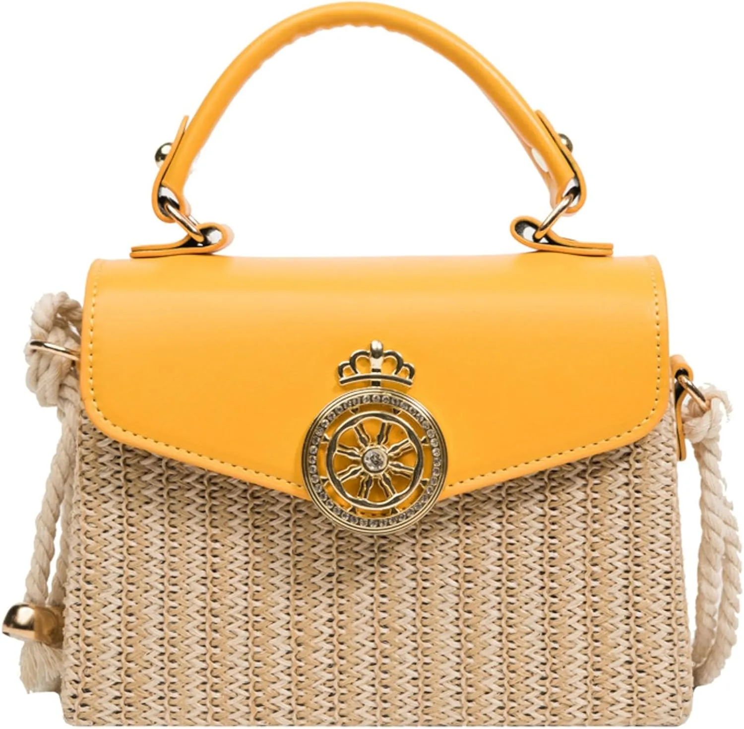 Chic Lock Buckle Square Bag Versatile Shoulder Handheld Crossbody Straw Box Purse Handle
