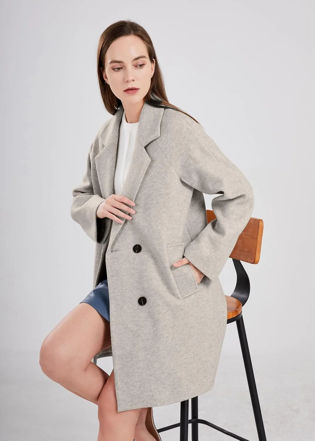 chouyatou Women's Casual Notch Lapel Double Breasted Warm Pea Coat Overcoat