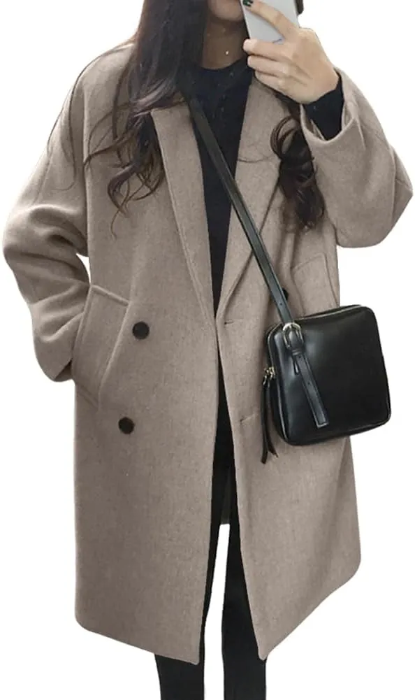 chouyatou Women's Casual Notch Lapel Double Breasted Warm Pea Coat Overcoat