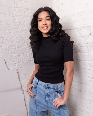 Clara High Neck Ribbed Top -Black
