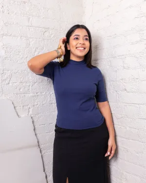 Clara High Neck Ribbed Top - Navy Blue