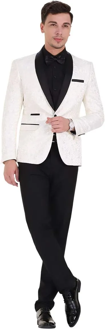 Cloudstyle Mens 2 Piece Floral Jacquard Dress Suit Set 1 Button Print Dinner Jacket Pants