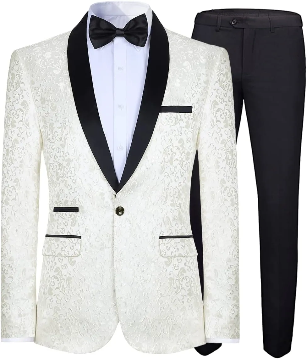 Cloudstyle Mens 2 Piece Floral Jacquard Dress Suit Set 1 Button Print Dinner Jacket Pants