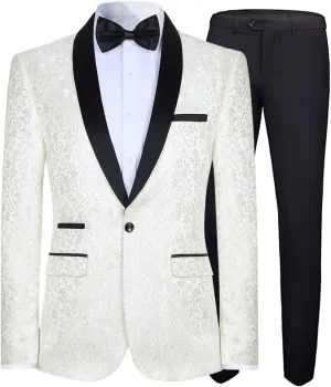 Cloudstyle Mens 2 Piece Floral Jacquard Dress Suit Set 1 Button Print Dinner Jacket Pants