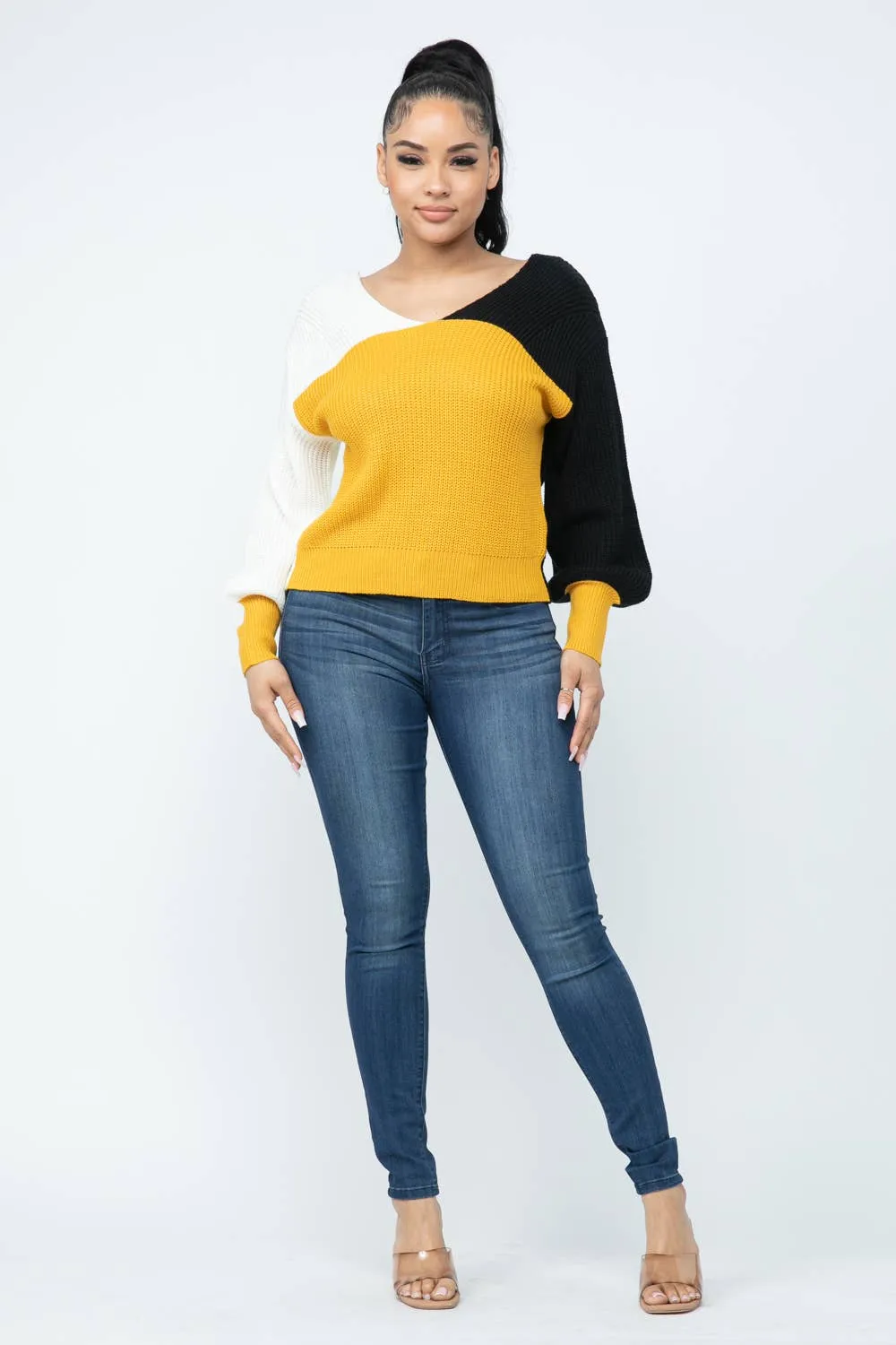 Color Block Twisted Open Back Loose Fit Cozy Sweater