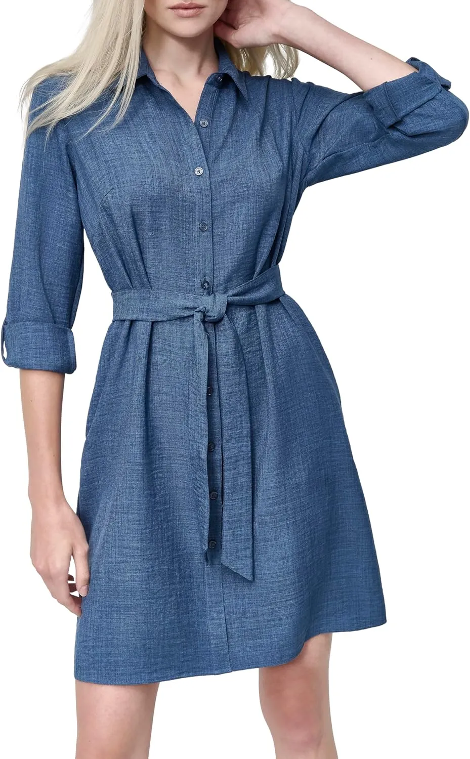 DKNY Women's Long Sleeve Collared Tie Fit & Flare Mini Dress