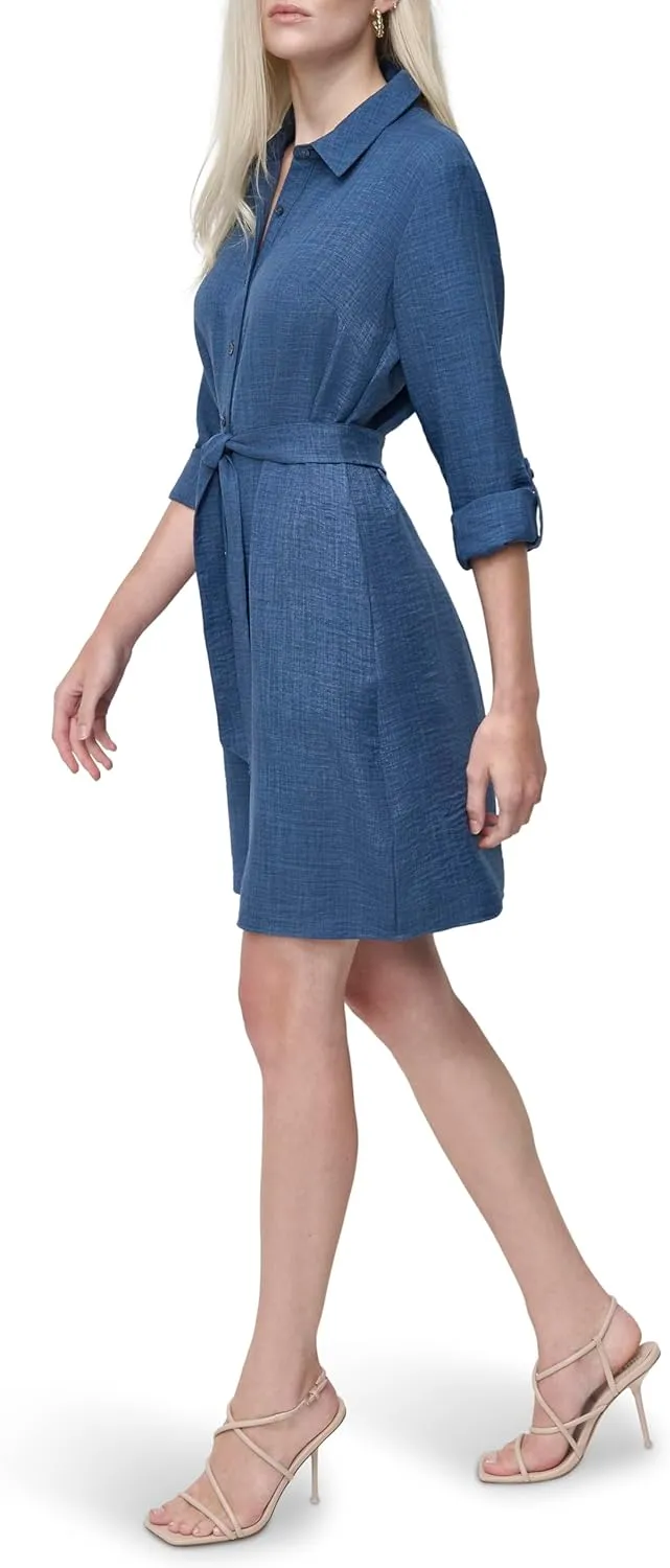 DKNY Women's Long Sleeve Collared Tie Fit & Flare Mini Dress