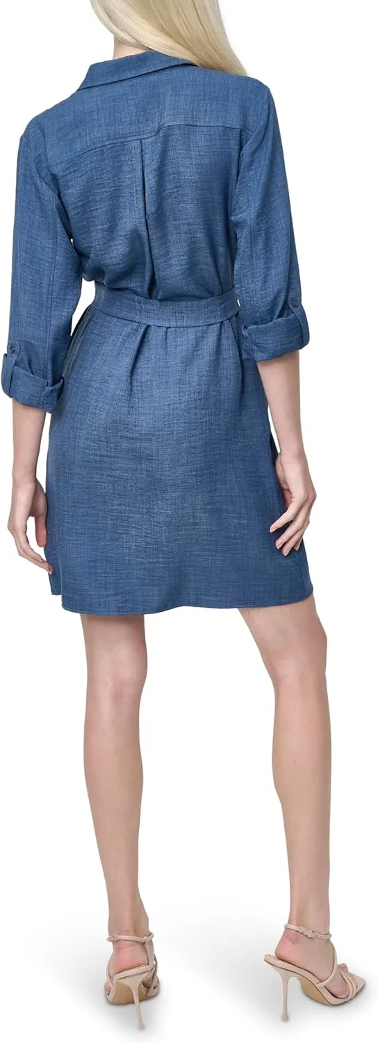DKNY Women's Long Sleeve Collared Tie Fit & Flare Mini Dress