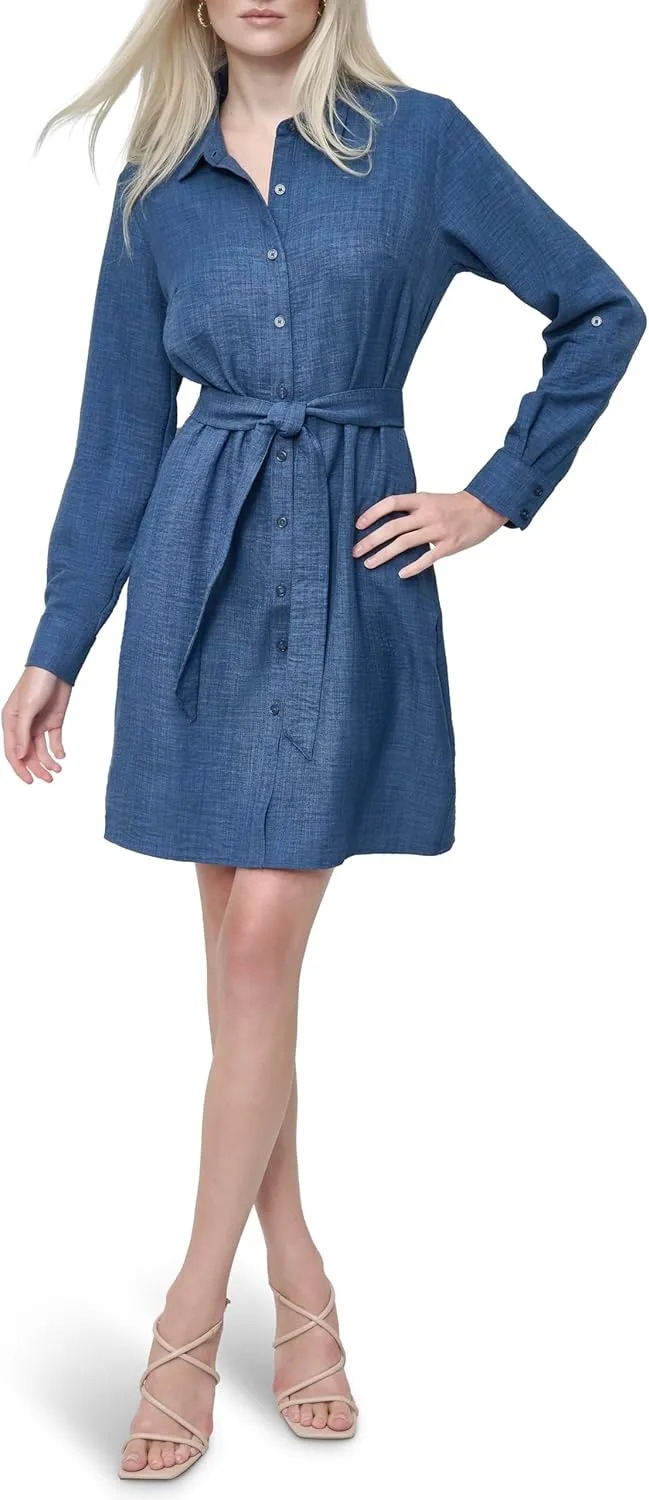 DKNY Women's Long Sleeve Collared Tie Fit & Flare Mini Dress