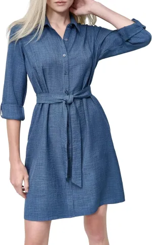 DKNY Women's Long Sleeve Collared Tie Fit & Flare Mini Dress