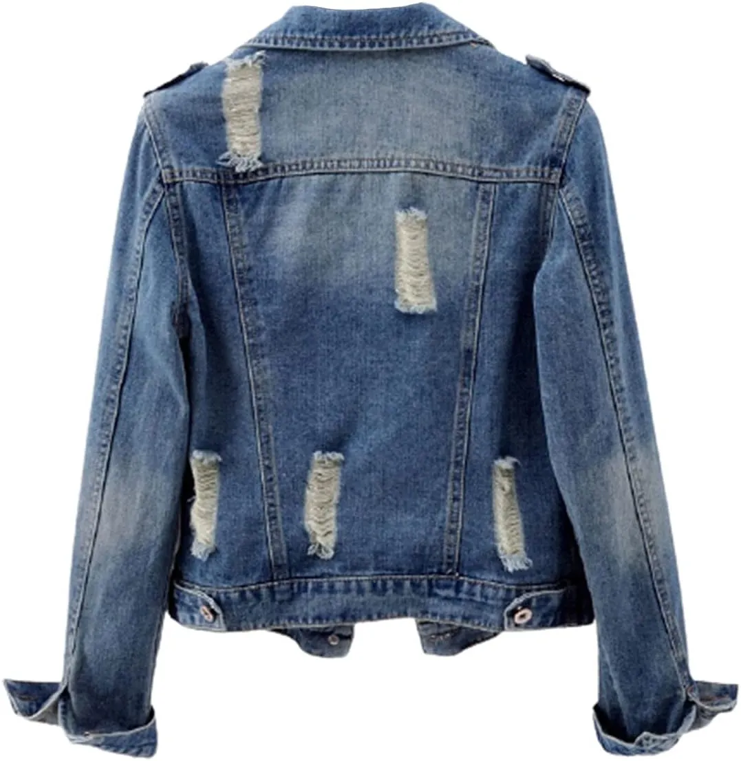 ebossy Women's Distressed Ripped Cropped Denim Jacket Casual 3/4 Long Sleeve Washed Boyfriend Short Jean Coats