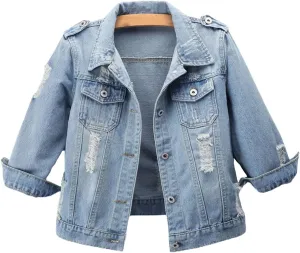 ebossy Women's Distressed Ripped Cropped Denim Jacket Casual 3/4 Long Sleeve Washed Boyfriend Short Jean Coats