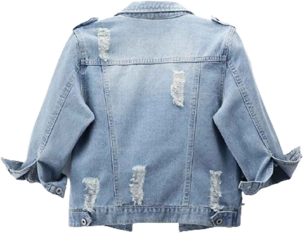 ebossy Women's Distressed Ripped Cropped Denim Jacket Casual 3/4 Long Sleeve Washed Boyfriend Short Jean Coats