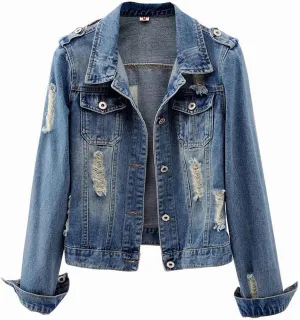 ebossy Women's Distressed Ripped Cropped Denim Jacket Casual 3/4 Long Sleeve Washed Boyfriend Short Jean Coats
