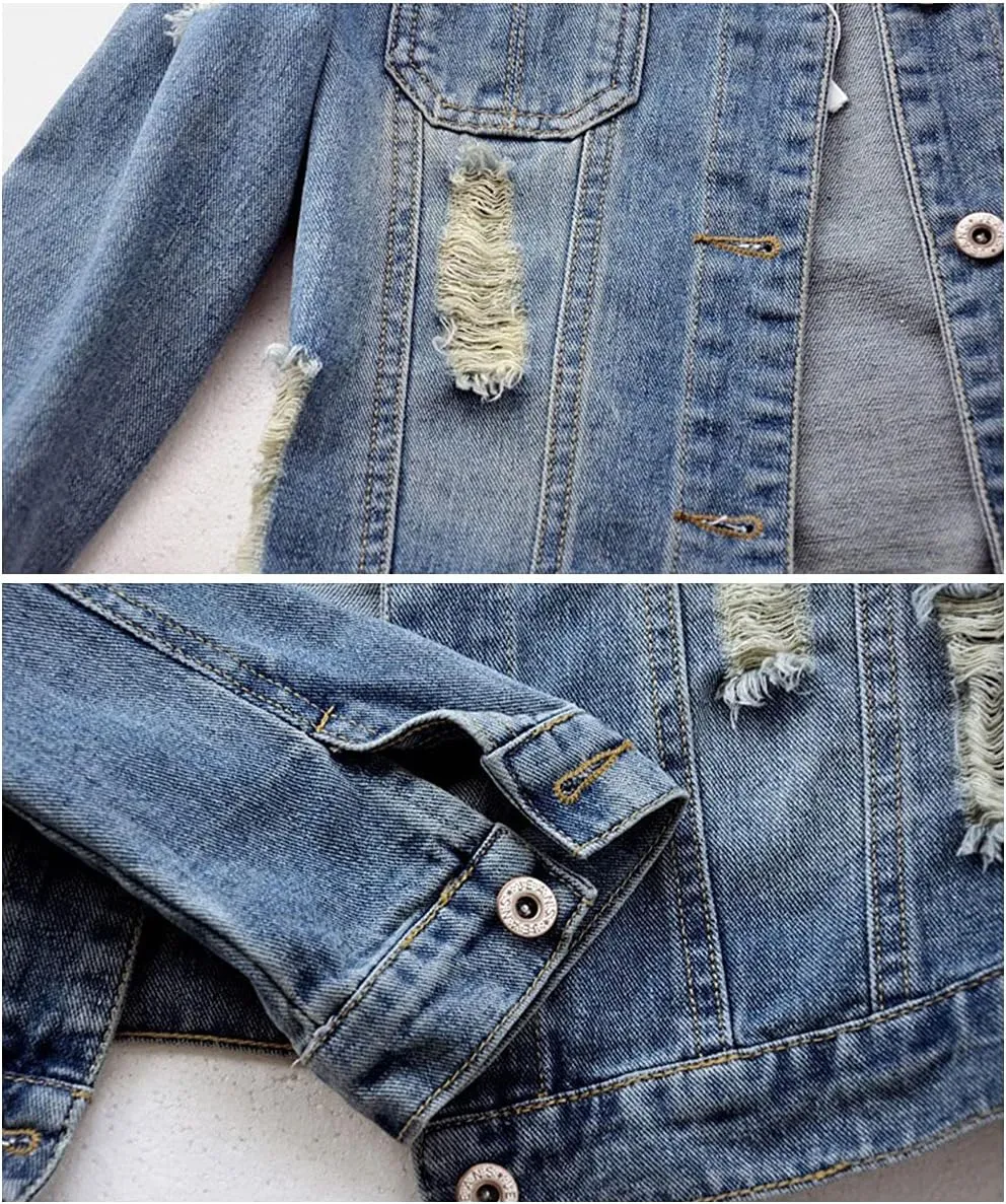 ebossy Women's Distressed Ripped Cropped Denim Jacket Casual 3/4 Long Sleeve Washed Boyfriend Short Jean Coats