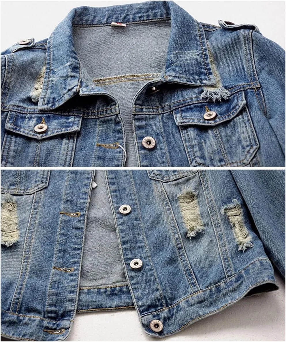 ebossy Women's Distressed Ripped Cropped Denim Jacket Casual 3/4 Long Sleeve Washed Boyfriend Short Jean Coats