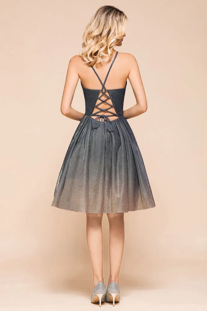 Elagant Spaghetti Straps Bronzing Knee Length Evening Party Dress Deep V-Neck Backless Prom Dress with Pocket