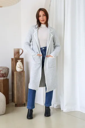 Ember Longer Line Contrast Stitch Coatigan - Grey/Ivory