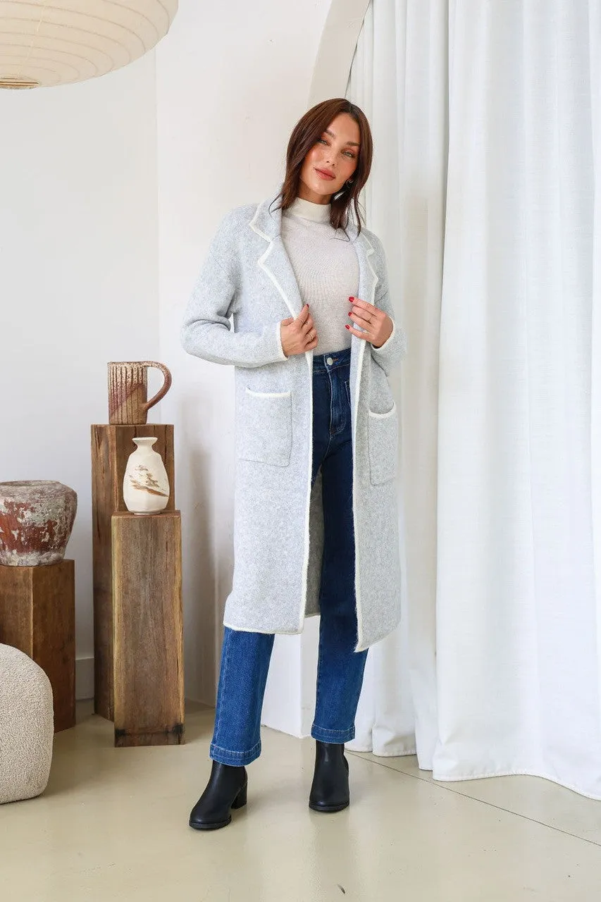 Ember Longer Line Contrast Stitch Coatigan - Grey/Ivory