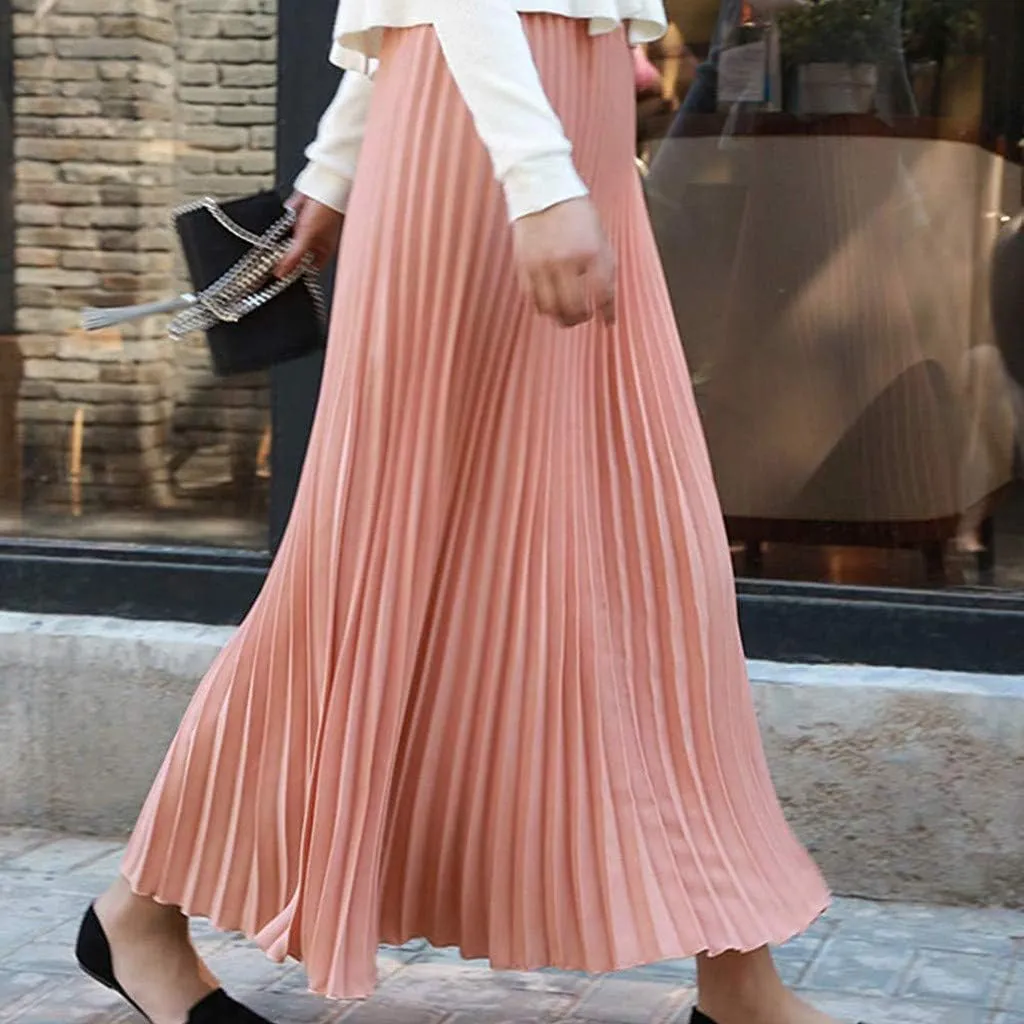 Falda Womens Solid Pleated Elegant Midi Elastic Waist Maxi Skirt