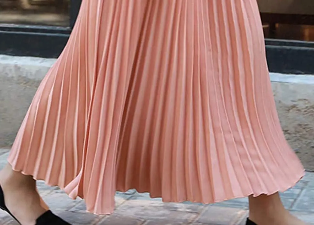 Falda Womens Solid Pleated Elegant Midi Elastic Waist Maxi Skirt