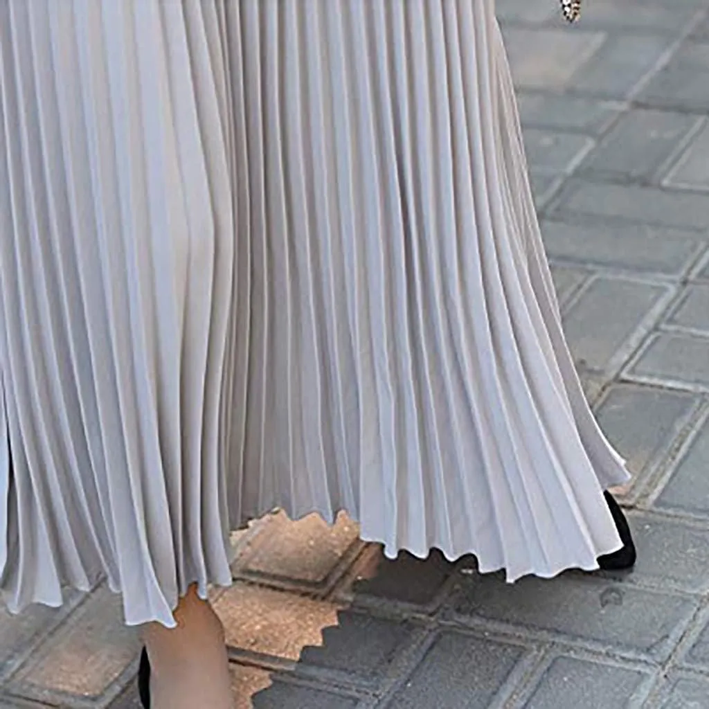 Falda Womens Solid Pleated Elegant Midi Elastic Waist Maxi Skirt