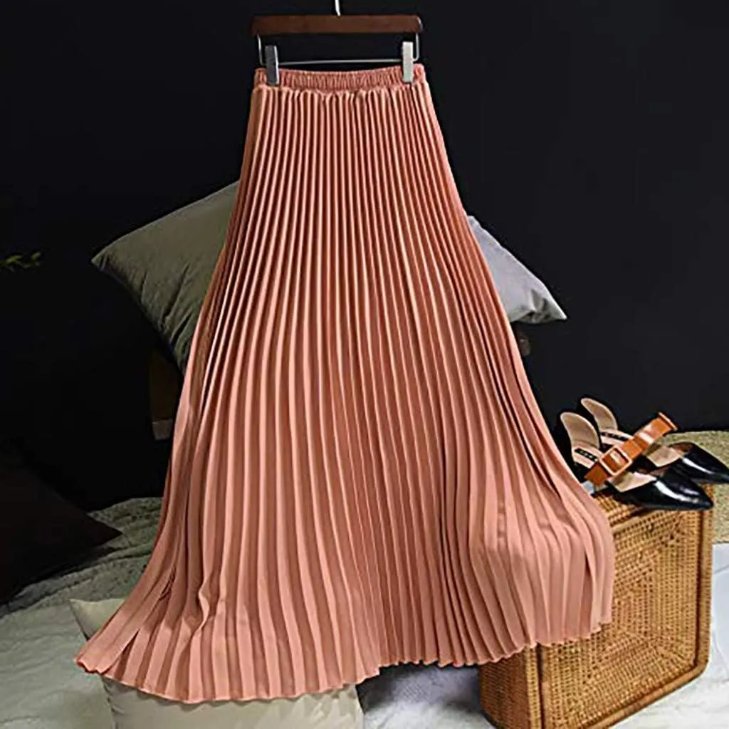 Falda Womens Solid Pleated Elegant Midi Elastic Waist Maxi Skirt