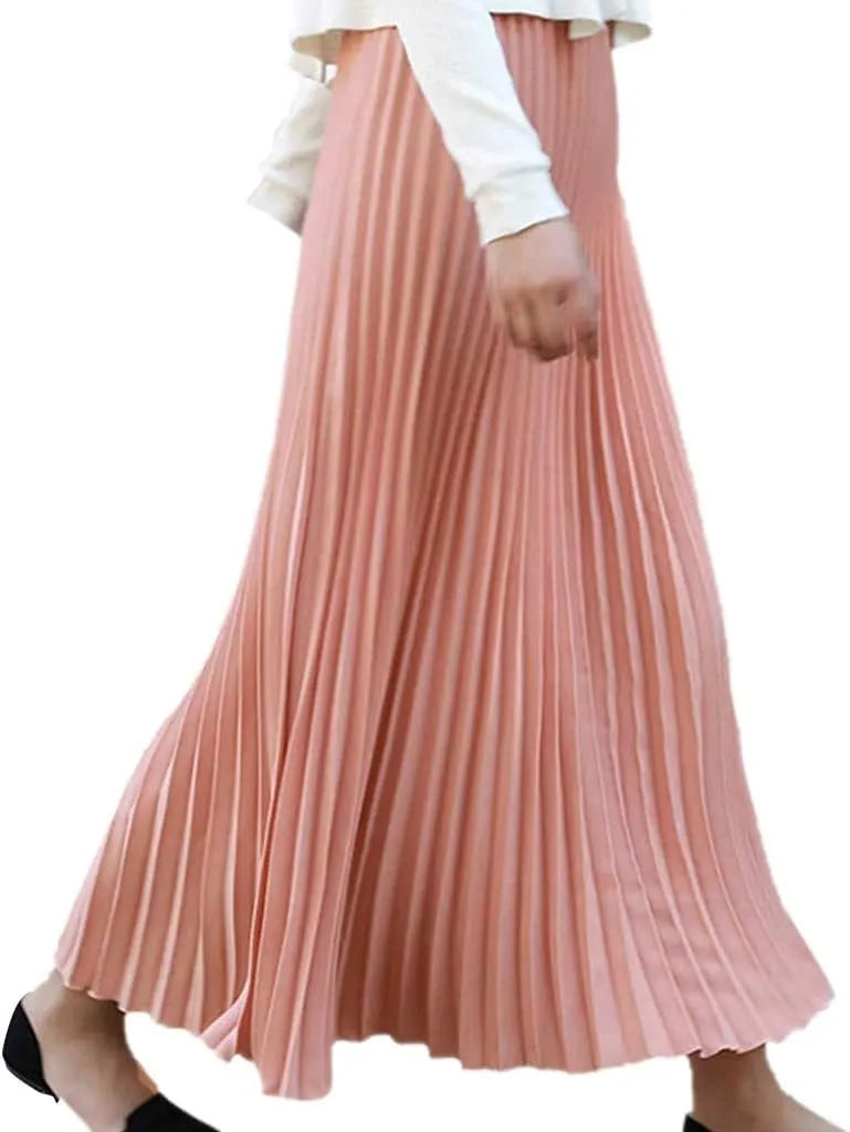 Falda Womens Solid Pleated Elegant Midi Elastic Waist Maxi Skirt