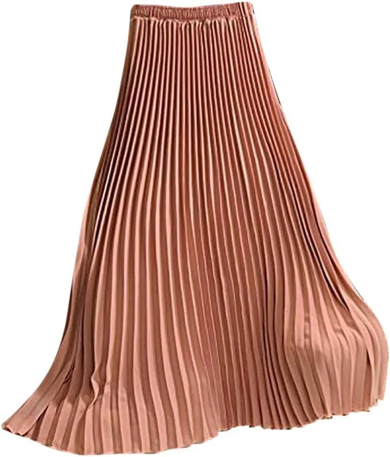 Falda Womens Solid Pleated Elegant Midi Elastic Waist Maxi Skirt