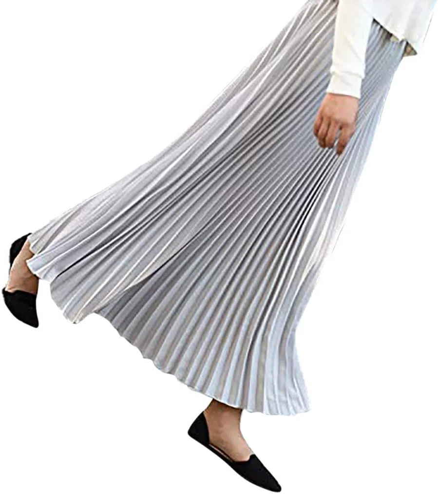 Falda Womens Solid Pleated Elegant Midi Elastic Waist Maxi Skirt