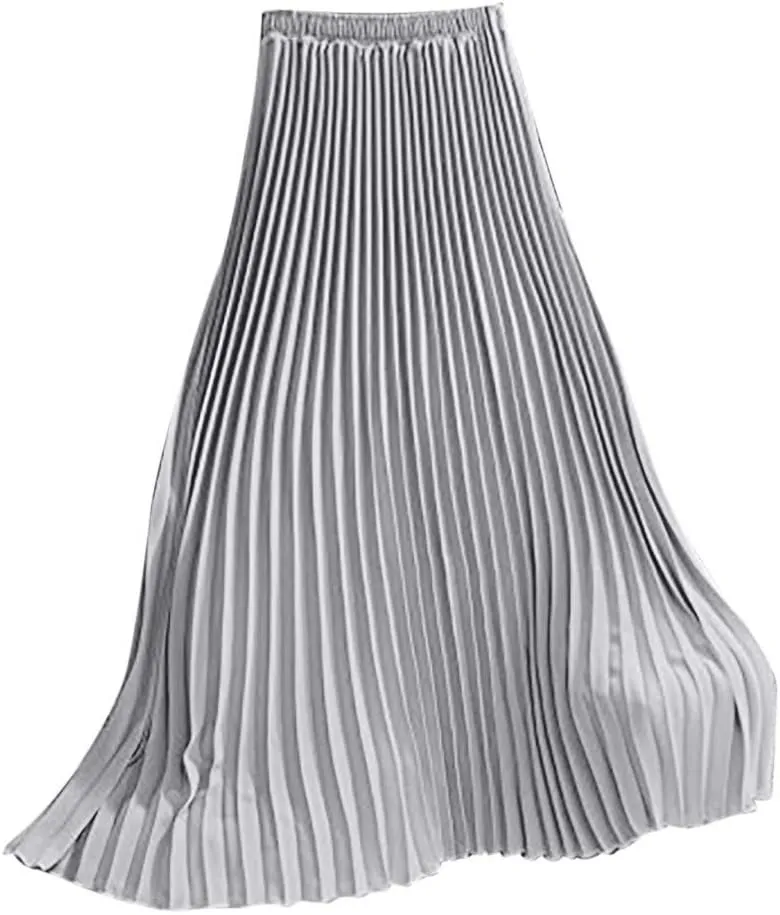 Falda Womens Solid Pleated Elegant Midi Elastic Waist Maxi Skirt