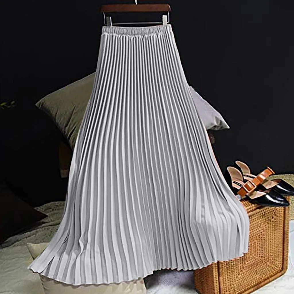 Falda Womens Solid Pleated Elegant Midi Elastic Waist Maxi Skirt
