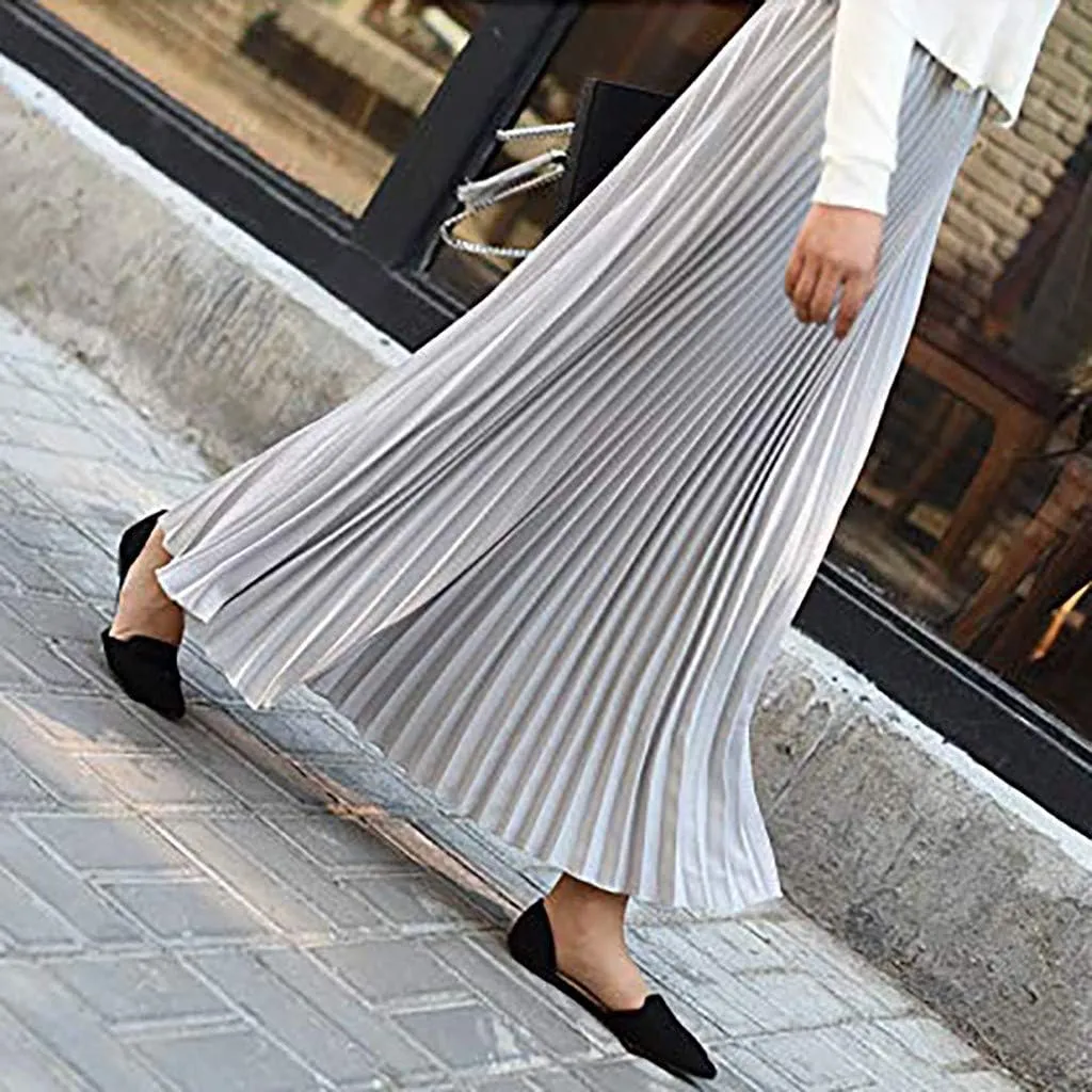 Falda Womens Solid Pleated Elegant Midi Elastic Waist Maxi Skirt